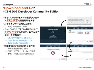 ? 2017 IBM Corporation13
Download and Go
IBM Db2 Developer Community Edition
? СDocker``
15¤_kh
? ץåȥե`Τṩ
? Mac, Windows, Linux
? ``IDȥѥ`ɤ
3åǡ¤
`ɤޤ
? Db2 Developer-C 11.1.2.2
? Data Server Manager 2.1.4
? Data Studio (optional)
? 헤Developer-Cͬ
? _kȷb;޶
? `ȥ`
? ݩ`Ȥʤ (non-warranted)
 