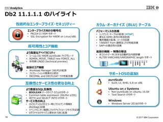 ? 2017 IBM Corporation18
Db2 11.1.1.1 Υϥ饤
߶Ȥʥ٥ӥƥ
? `쥹 HADR pureScale åץ`
? ADMIN_MOVE_TABLE new FORCE_ALL
? ͬ UNDO (technical preview)
׷ӤΥC
? Workload Manager (WLM)Β
? եǥ`κػȽy
? DECIMAL and DECFLOAT Ǥܸ
NSQLQ
? BOOLEAN ǩ`?Υݩ`
? Common table expression (Db2for z/OS)
? WITH and SELECT INTO Υݩ`
`ӥԤ
? åȥåΥ`r˥饤
db2diagӛh
? ٥ȥ˥`Ěs˥Хååץ`ӛh
? եΥޤ64 GB˒
߿ԤȥC
QԤȥ`ӥԤθʤ
pureScale
? SLES 12, RHEL 6.8 on x86
Ubuntu on z Systems
? Non-pureScale on Ubuntu 16.04
? Text Search Υݩ`
Windows
? Windows Server 2016Υݩ`
ݩ`OS׷t
󥿩`ץ饤򤱤ΰŻ
? PKCS#11 HSM ݩ`
? SSL Encryption for HADR on Linux/x86
?`ʥ (BLU) Ʃ`֥
ѥե`ޥ󥹤θ
? Υץ?Ʃ`֥Β (HTAP)
? ʤ SIMD Є
? sCܤΒ`Ȥλر
? INSERT from ջ᡹Ǥܸ
? SAPؤmԤθ
׷ӤΙC C ޤγȥ
? ǥߥåȥǩ`ˌԄӵĤڲǕ
? ALTER VARCHAR/VARGRAPHIC length ݩ`
pport
Ĥʥ󥿩`ץ饤?ƥ`
 
