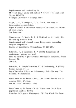 Imprisonment and reoffending. In
M. Tonry (Ed.), Crime and justice: A review of research (Vol.
38, pp. 115-200).
Chicago: University of Chicago Press.
Nagin, D. S., & Snodgrass, G. M. (2010). The effect of
incarceration on recidivism.
Paper presented at the annual meeting of the American Society
of Criminology,
San Francisco.
Nieuwbeerta, P., Nagin, D. S., & Blokland, A. A. (2009). The
relationship between first
imprisonment and criminal career development: A matched
samples comparison.
Journal of Quantitative Criminology, 25, 227-257.
Petersilia, J., & Deschenes, E. P. (1994). Perceptions of
punishment: Inmates and staff
rank the severity of prison versus intermediate sanctions. Prison
Journal, 74,
306-328.
Petrosino, A., Turpin-Petrosino, C., & Guckenburg, S. (2010).
Formal system process-
ing of juveniles: Effects on delinquency. Oslo, Norway: The
Campbell Collaboration.
Pew Center on the States. (2008). One in 100: Behind bars in
America 2008. Washing-
ton, DC: Pew Charitable Trusts.
Pew Center on the States. (2010). Prison count 2010: State
population declines for the
first time in 38 years. Washington, DC: Pew Charitable Trusts.
 