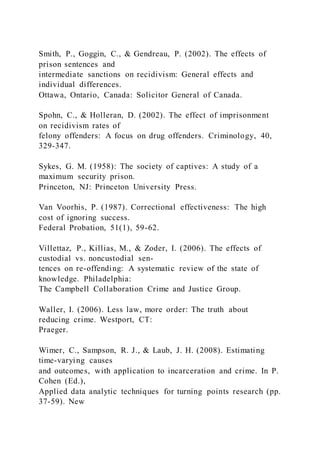 Smith, P., Goggin, C., & Gendreau, P. (2002). The effects of
prison sentences and
intermediate sanctions on recidivism: General effects and
individual differences.
Ottawa, Ontario, Canada: Solicitor General of Canada.
Spohn, C., & Holleran, D. (2002). The effect of imprisonment
on recidivism rates of
felony offenders: A focus on drug offenders. Criminology, 40,
329-347.
Sykes, G. M. (1958): The society of captives: A study of a
maximum security prison.
Princeton, NJ: Princeton University Press.
Van Voorhis, P. (1987). Correctional effectiveness: The high
cost of ignoring success.
Federal Probation, 51(1), 59-62.
Villettaz, P., Killias, M., & Zoder, I. (2006). The effects of
custodial vs. noncustodial sen-
tences on re-offending: A systematic review of the state of
knowledge. Philadelphia:
The Campbell Collaboration Crime and Justice Group.
Waller, I. (2006). Less law, more order: The truth about
reducing crime. Westport, CT:
Praeger.
Wimer, C., Sampson, R. J., & Laub, J. H. (2008). Estimating
time-varying causes
and outcomes, with application to incarceration and crime. In P.
Cohen (Ed.),
Applied data analytic techniques for turning points research (pp.
37-59). New
 