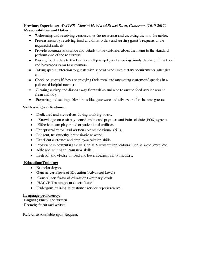 cv for a waiter