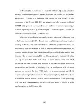 112
In PSII, azide has been shown to be a reversible inhibitor [38]. Evidence has been
presented for azide interactions with both the PSII donor-side chloride site and the PSII
acceptor-side. Evidence for a donor-side azide binding site near the OEC includes
perturbation of the S2 state EPR [26] and electron spin-echo envelope modulation
(ESEEM) [39] signals. In addition, azide-induced inhibition of semiquinone anion (QA
–
)
oxidation is partially reversed by bicarbonate [40]. This result suggests a second, low
affinity azide binding site on the PSII acceptor side.
It has been proposed that proton transfer precedes manganese oxidation on some
of the S state transitions [12-14]. To gain more insight into proton transfer reactions
occurring in the OEC, we have used azide as a vibrational spectroscopic probe. The
antisymmetric stretching vibration of azide is sensitive to changes in protonation and
hydrogen bonding, because these interactions stabilize the triple-bonded, valence bond
structures [41]. In our experiments, PSII was chloride-depleted by treatment with sulfate
[24, 32] and was then treated with azide. Reaction-induced, rapid scan FT-IR
spectroscopy and flash excitation were then used to step PSII through the accessible S
state transitions, and the effect of light-induced electron transfer on the azide vibrational
spectrum was assessed. Previous FT-IR studies (for previous examples, see [42-46])
have shown that long-lived conformational changes occurring during the S state cycle can
be monitored, even on the slow (seconds) time scale of rapid scan FT-IR spectroscopy
[47]. Our work provides evidence that azide inhibition is due to changes in proton
transfer reactions on the PSII donor side.
 