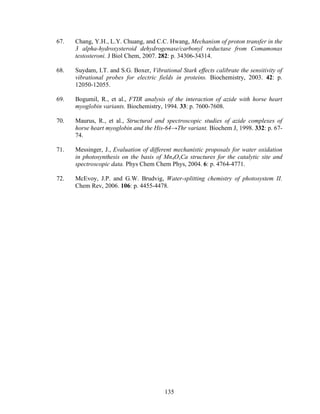 135
67. Chang, Y.H., L.Y. Chuang, and C.C. Hwang, Mechanism of proton transfer in the
3 alpha-hydroxysteroid dehydrogenase/carbonyl reductase from Comamonas
testosteroni. J Biol Chem, 2007. 282: p. 34306-34314.
68. Suydam, I.T. and S.G. Boxer, Vibrational Stark effects calibrate the sensitivity of
vibrational probes for electric fields in proteins. Biochemistry, 2003. 42: p.
12050-12055.
69. Bogumil, R., et al., FTIR analysis of the interaction of azide with horse heart
myoglobin variants. Biochemistry, 1994. 33: p. 7600-7608.
70. Maurus, R., et al., Structural and spectroscopic studies of azide complexes of
horse heart myoglobin and the His-64→Thr variant. Biochem J, 1998. 332: p. 67-
74.
71. Messinger, J., Evaluation of different mechanistic proposals for water oxidation
in photosynthesis on the basis of Mn4OxCa structures for the catalytic site and
spectroscopic data. Phys Chem Chem Phys, 2004. 6: p. 4764-4771.
72. McEvoy, J.P. and G.W. Brudvig, Water-splitting chemistry of photosystem II.
Chem Rev, 2006. 106: p. 4455-4478.
 