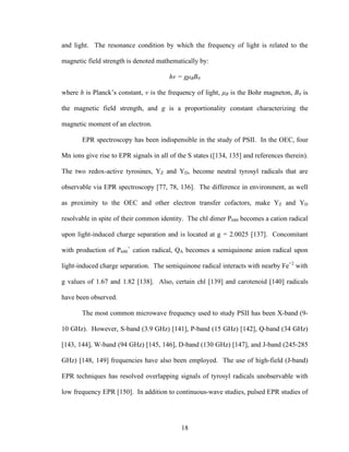 18
and light. The resonance condition by which the frequency of light is related to the
magnetic field strength is denoted mathematically by:
hν = gµBB0
where h is Planck’s constant, ν is the frequency of light, µB is the Bohr magneton, B0 is
the magnetic field strength, and g is a proportionality constant characterizing the
magnetic moment of an electron.
EPR spectroscopy has been indispensible in the study of PSII. In the OEC, four
Mn ions give rise to EPR signals in all of the S states ([134, 135] and references therein).
The two redox-active tyrosines, YZ and YD, become neutral tyrosyl radicals that are
observable via EPR spectroscopy [77, 78, 136]. The difference in environment, as well
as proximity to the OEC and other electron transfer cofactors, make YZ and YD
resolvable in spite of their common identity. The chl dimer P680 becomes a cation radical
upon light-induced charge separation and is located at g = 2.0025 [137]. Concomitant
with production of P680
+
cation radical, QA becomes a semiquinone anion radical upon
light-induced charge separation. The semiquinone radical interacts with nearby Fe+2
with
g values of 1.67 and 1.82 [138]. Also, certain chl [139] and carotenoid [140] radicals
have been observed.
The most common microwave frequency used to study PSII has been X-band (9-
10 GHz). However, S-band (3.9 GHz) [141], P-band (15 GHz) [142], Q-band (34 GHz)
[143, 144], W-band (94 GHz) [145, 146], D-band (130 GHz) [147], and J-band (245-285
GHz) [148, 149] frequencies have also been employed. The use of high-field (J-band)
EPR techniques has resolved overlapping signals of tyrosyl radicals unobservable with
low frequency EPR [150]. In addition to continuous-wave studies, pulsed EPR studies of
 