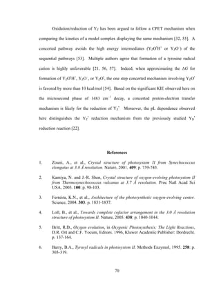 70
Oxidation/reduction of YZ has been argued to follow a CPET mechanism when
comparing the kinetics of a model complex displaying the same mechanism [32, 55]. A
concerted pathway avoids the high energy intermediates (YZO•
H+
or YZO–
) of the
sequential pathways [53]. Multiple authors agree that formation of a tyrosine radical
cation is highly unfavorable [21, 56, 57]. Indeed, when approximating the ∆G for
formation of YZO•
H+
, YZO–
, or YZO•
, the one step concerted mechanism involving YZO•
is favored by more than 10 kcal/mol [54]. Based on the significant KIE observed here on
the microsecond phase of 1483 cm–1
decay, a concerted proton-electron transfer
mechanism is likely for the reduction of YZ
•.
Moreover, the pL dependence observed
here distinguishes the YZ
•
reduction mechanism from the previously studied YD
•
reduction reaction [22].
References
1. Zouni, A., et al., Crystal structure of photosystem II from Synechococcus
elongatus at 3.8 Å resolution. Nature, 2001. 409: p. 739-743.
2. Kamiya, N. and J.-R. Shen, Crystal structure of oxygen-evolving photosystem II
from Thermosynechococcus vulcanus at 3.7 Å resolution. Proc Natl Acad Sci
USA, 2003. 100: p. 98-103.
3. Ferreira, K.N., et al., Architecture of the photosynthetic oxygen-evolving center.
Science, 2004. 303: p. 1831-1837.
4. Loll, B., et al., Towards complete cofactor arrangement in the 3.0 Å resolution
structure of photosystem II. Nature, 2005. 438: p. 1040-1044.
5. Britt, R.D., Oxygen evolution, in Oxygenic Photosynthesis: The Light Reactions,
D.R. Ort and C.F. Yocum, Editors. 1996, Kluwer Academic Publisher: Dordrecht.
p. 137-164.
6. Barry, B.A., Tyrosyl radicals in photosystem II. Methods Enzymol, 1995. 258: p.
303-319.
 