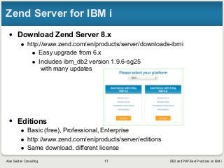 DB2 and PHP Best Practices on IBM iAlan Seiden Consulting
Zend Server for IBM i
• Download Zend Server 8.x
• http://www.ze...