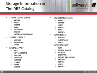 Storage Information in
    The DB2 Catalog
    •   SYSTABLESPACESTATS          •   SYSINDEXSPACESTATS
         –   NACTIVE                     –   NLEVELS
         –   NPAGES                      –   NPAGES
         –   EXTENTS                     –   NLEAF
         –   SPACE                       –   NACTIVE
         –   TOTALROWS                   –   SPACE
         –   DATASIZE                    –   EXTENTS
         –   UNCOMPRESSEDDATASIZE   •   SYSINDEXES
    •   SYSTABLESPACE                    –   NACTIVEF
         –   NACTIVEF                    –   AVGROWLEN
         –   AVGROWLEN                   –   SPACEF
         –   SPACEF                 •   SYSINDEXPART
    •   SYSTABLEPART                     –   PQTY
         –   PQTY                        –   SQTY (or SECQTYI)
         –   SQTY (or SECQTYI)           –   STORTYPE
         –   STORTYPE                    –   STORNAME
         –   STORNAME                    –   PSEUDO_DEL_ENTRIES
         –   FREEPAGE                    –   FREEPAGE
         –   PCTFREE                     –   PCTFREE
         –   SPACEF                      –   SPACEF
         –   EXTENTS                     –   EXTENTS

1
8                                                                 ©2010 SoftwareOnZ
 