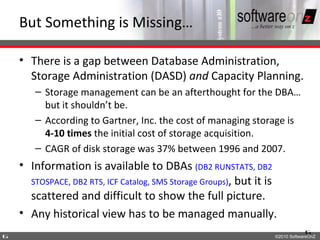 But Something is Missing…

    • There is a gap between Database Administration,
      Storage Administration (DASD) and Capacity Planning.
       – Storage management can be an afterthought for the DBA…
         but it shouldn’t be.
       – According to Gartner, Inc. the cost of managing storage is
         4-10 times the initial cost of storage acquisition.
       – CAGR of disk storage was 37% between 1996 and 2007.
    • Information is available to DBAs (DB2 RUNSTATS, DB2
      STOSPACE, DB2 RTS, ICF Catalog, SMS Storage Groups), but it is
      scattered and difficult to show the full picture.
    • Any historical view has to be managed manually.
                                                                               6
6                                                                  ©2010 SoftwareOnZ
 
