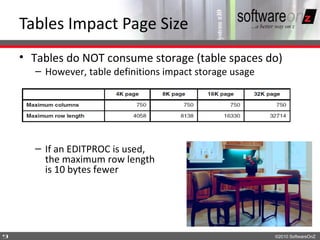 Tables Impact Page Size
    • Tables do NOT consume storage (table spaces do)
      – However, table definitions impact storage usage




      – If an EDITPROC is used,
        the maximum row length
        is 10 bytes fewer




9                                                         ©2010 SoftwareOnZ
 