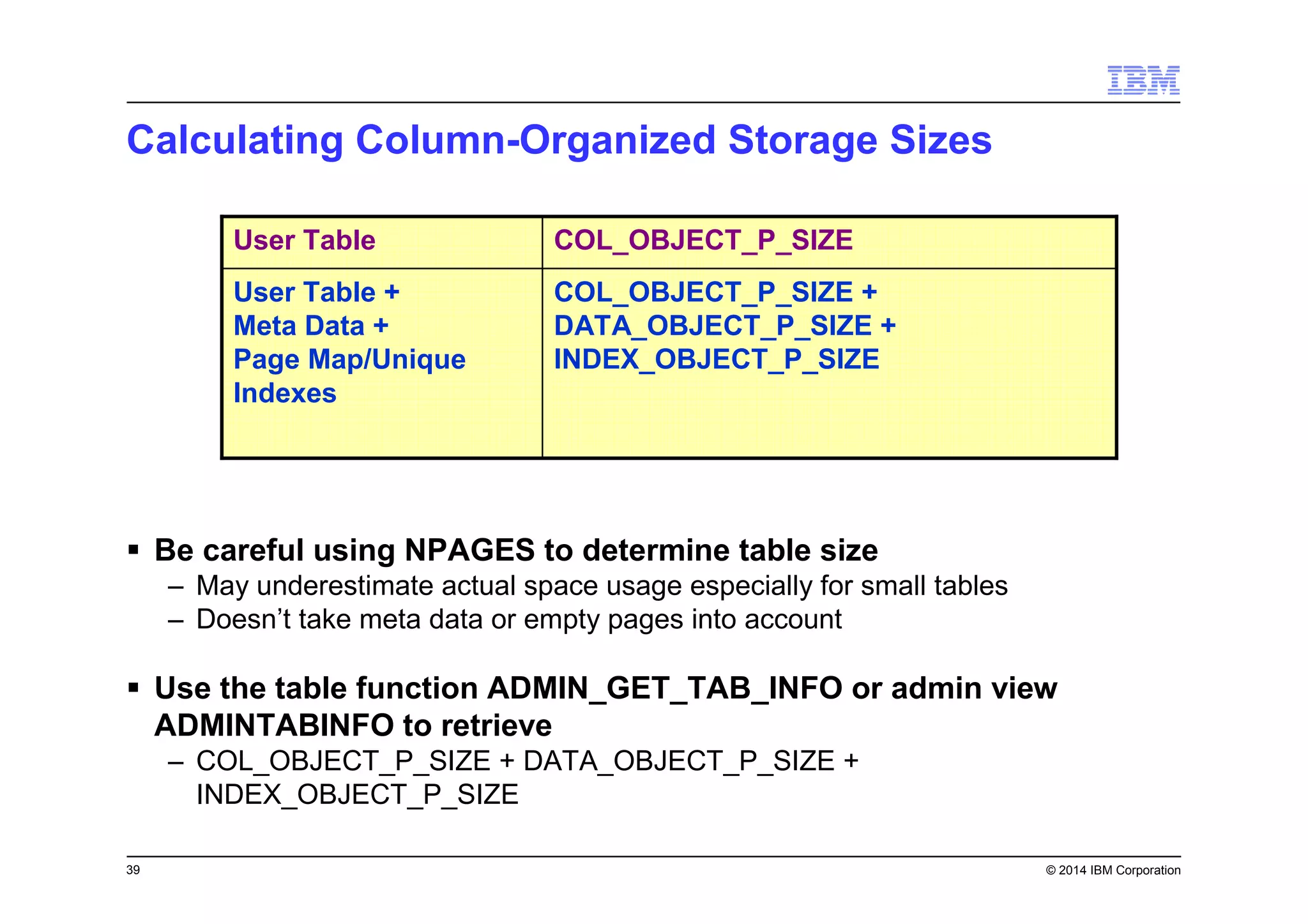 39 © 2014 IBM Corporation
Calculating Column-Organized Storage Sizes
Be careful using NPAGES to determine table size
– May underestimate actual space usage especially for small tables
– Doesn’t take meta data or empty pages into account
Use the table function ADMIN_GET_TAB_INFO or admin view
ADMINTABINFO to retrieve
– COL_OBJECT_P_SIZE + DATA_OBJECT_P_SIZE +
INDEX_OBJECT_P_SIZE
COL_OBJECT_P_SIZE +
DATA_OBJECT_P_SIZE +
INDEX_OBJECT_P_SIZE
User Table +
Meta Data +
Page Map/Unique
Indexes
COL_OBJECT_P_SIZEUser Table
 