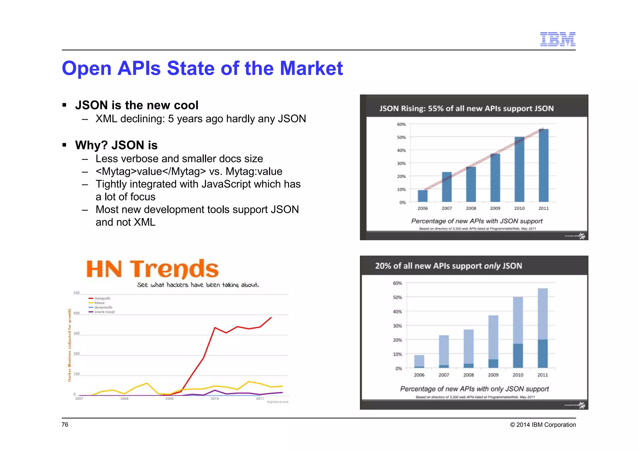 76 © 2014 IBM Corporation
Open APIs State of the Market
JSON is the new cool
– XML declining: 5 years ago hardly any JSON
Why? JSON is
– Less verbose and smaller docs size
– <Mytag>value</Mytag> vs. Mytag:value
– Tightly integrated with JavaScript which has
a lot of focus
– Most new development tools support JSON
and not XML
 