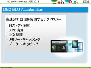 © 2013 IBM Corporation
db tech showcase 大阪 2013
11
高速分析処理を実現するテクノロジー
• 列ストア・圧縮
• SIMD演算
• 並列処理
• メモリー・キャッシング
• データ・スキッピング
DB2 BLU Acceleration
 