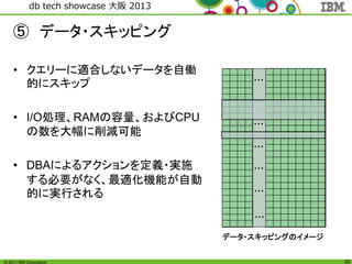 © 2013 IBM Corporation
db tech showcase 大阪 2013
20
⑤ データ・スキッピング
• クエリーに適合しないデータを自働
的にスキップ
• I/O処理、RAMの容量、およびCPU
の数を大幅に削減可能
• DBAによるアクションを定義・実施
する必要がなく、最適化機能が自動
的に実行される
…
…
…
…
…
…
…
データ・スキッピングのイメージ
 