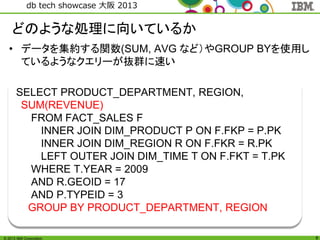 © 2013 IBM Corporation
db tech showcase 大阪 2013
8
どのような処理に向いているか
• データを集約する関数(SUM, AVG など）やGROUP BYを使用し
ているようなクエリーが抜群に速い
SELECT PRODUCT_DEPARTMENT, REGION,
SUM(REVENUE)
FROM FACT_SALES F
INNER JOIN DIM_PRODUCT P ON F.FKP = P.PK
INNER JOIN DIM_REGION R ON F.FKR = R.PK
LEFT OUTER JOIN DIM_TIME T ON F.FKT = T.PK
WHERE T.YEAR = 2009
AND R.GEOID = 17
AND P.TYPEID = 3
GROUP BY PRODUCT_DEPARTMENT, REGION
 