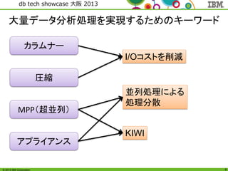© 2013 IBM Corporation
db tech showcase 大阪 2013
9
大量データ分析処理を実現するためのキーワード
カラムナー
MPP（超並列）
圧縮
アプライアンス
I/Oコストを削減
並列処理による
処理分散
KIWI
 