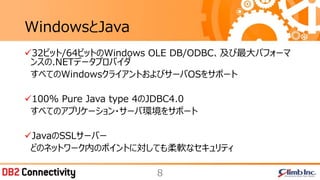 8
WindowsとJava
32ビット/64ビットのWindows OLE DB/ODBC、及び最大パフォーマ
ンスの.NETデータプロバイダ
すべてのWindowsクライアントおよびサーバOSをサポート
100% Pure Java t...