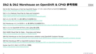 © 2020 IBM Corporation11
Db2 & Db2 Warehouse on Red Hat OpenShift Ready ! データベースのハイブリッド & マルチクラウド展開を実現
https://www.youtube.com/watch?v=q5KwPlxsXtM
Db2 11.5.4 (Nebula) Cloud Pak for Data and Containers
https://www.youtube.com/watch?v=EspeSpr24WM
https://ibm.ent.box.com/s/dpekhes1xepu9y28jws2qoeugl6upak2
Db2 v11.5.4 OS サポート & 導⼊要件はこちらを参照ください
https://www.ibm.com/support/pages/node/612045#1154A
Db2 Warehouse v11.5.4 OSサポート ＆ 導⼊要件はこちらを参照ください。
https://www.ibm.com/support/knowledgecenter/SSCJDQ/com.ibm.swg.im.dashdb.doc/admin/local_planning.html
Db2 11.5.4 on OpenShift をデプロイしてみた (Qiita 導⼊記事)
https://qiita.com/mi-kana/items/fed0d47fca56853fdd4e
Db2 HADR Cloud Pak for Data - Overview and Setup
https://www.youtube.com/watch?v=7MalR7XsmPA
IBM Db2 Warehouse on the Cloud performance validation using OpenShift Container Storage
https://www.redhat.com/ja/blog/ibm-db2-warehouse-cloud-performance-validation-using-openshift-container-storage
IBM Db2 Warehouse MPP on OpenShift Container Storage
https://www.redhat.com/en/resources/IBM-Db2-Warehouse-MPP-on-OpenShift-Container-Storage-detail
Docker Hub サイト (Db2 コンテナダウンロード情報)
https://hub.docker.com/r/ibmcom/db2
Db2 & Db2 Warehouse on OpenShift & CP4D 参考情報
 