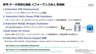 © 2020 IBM Corporation21
参考:データ仮想化機能 パフォーマンス向上 新機能
1.Federation FMP Enhancement
フェデレーション FMPバッファキャッシュの増加
2. Federation Fetch Clause FFNR Pushdown
リモートデータソースへのクエリプッシュダウンによるテータ転送量削減、クエリ性能向上
3.Federation NoSQL Wrapper Pushdown
MongoDB(NoSQL)へのクエリプッシュダウンによる性能向上
4.Bulk Insert for Oracle
Oracle DBへのフェデレーションバルクインサート⼤幅性能向上 (検証結果 x84倍向上)
5.Federation Data Source Support 拡張
例:Amazon AWS Redshift, Google BigQuery, Amazon AWS S3, Amazon Athena, and Salesforce. …etc
Db2 Version 11.5.4 Federation Performance Enhancements
https://www.ibm.com/support/pages/db2-version-1154-federation-performance-enhancements
Db2 Version 11.5.4 Federation Enhancement
https://www.ibm.com/support/knowledgecenter/SSEPGG_11.5.0/com.ibm.db2.luw.wn.doc/doc/c_fed_server_enhancements_11-5-4.html
MonogoDB
Db2
SQLアクセス
リモートバルクインサートサポートDB
•ODBC (Netezza®, Oracle, MS SQL Server)
•Oracle Native Wrapper (NET8)
 