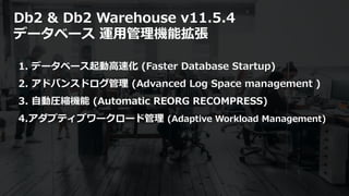 © 2020 IBM Corporation33
Db2 & Db2 Warehouse v11.5.4
データベース 運⽤管理機能拡張
1. データベース起動⾼速化 (Faster Database Startup)
2. アドバンスドログ管理 (Advanced Log Space management )
3. ⾃動圧縮機能 (Automatic REORG RECOMPRESS)
4.アダプティブワークロード管理 (Adaptive Workload Management)
 
