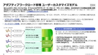 © 2020 IBM Corporation38
アダプティブワークロード管理 ユーザーカスタマイズモデル
A
B
50
50
Db2
Warehouse
ほとんどのワークロードについては、デフォルトのアダプティブ・ワークロード・マネージャー環境は、さまざまなサイズの照会の処理に使⽤
されるリソースをバランスよく配分しながら、データベースの安定性を確保します。デフォルトのアダプティブ・ワークロード・マネージャー
環境がニーズに適合しない場合は、この環境をカスタマイズできます。
特定のアプリケーション⽤のリソースを保護するためのカスタム・サービス・クラスや、アプリケーション間でリソースを均等に分配するため
のカスタム・サービス・クラスを作成できます。
• ソフトリソース共有 : 全体リソースが不⾜した場合、割り当てリソース配分割合に応じて制御がかかります。(リソースに空きがあれば
制限を超えて利⽤が可能) 最⼩リソースを設定しておくことで、最⼩限のリソースを予約保持しておくことができます。
• ハードリソース共有 : あらかじめ指定したリソース配分で制御されます。割当配分以上のリソースは利⽤ができません。
カスタムサービスクラス
10 ソフトリソース (最⼩)
セッション優先制御機能 (Db v11.5.2 ~)
サービス・スーパークラスでサブミットされる作業の優先順位
は、以下のいずれかのレベルに設定できます。
• CRITICAL(Weight:8) :最⾼の優先順位の作業
• HIGH (Weight:4) :⾼い優先順位の作業
• MEDIUM (Weight:2) :中間の優先順位の作業。(デフォルト値)
• LOW (Weight:1) :低い優先順位の作業
セッション優先順位は、接続グループに対して指定するこ
とも、ストアード・プロシージャーを使⽤して単⼀接続に
対して指定することもできます。
 