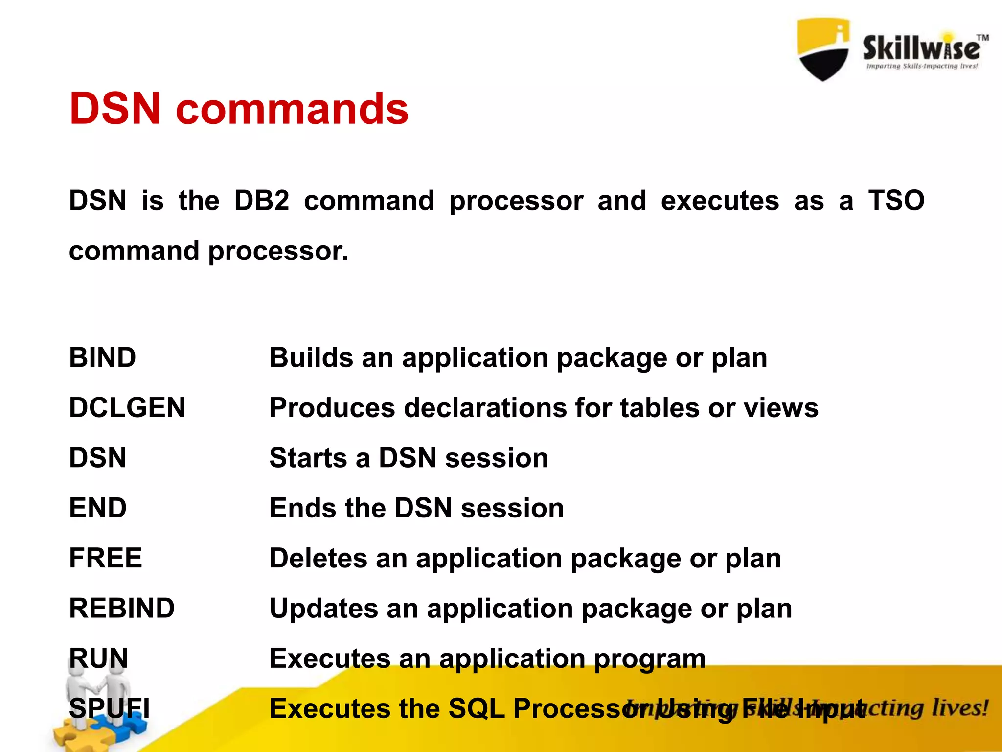 DSN is the DB2 command processor and executes as a TSO
command processor.
BIND Builds an application package or plan
DCLGEN Produces declarations for tables or views
DSN Starts a DSN session
END Ends the DSN session
FREE Deletes an application package or plan
REBIND Updates an application package or plan
RUN Executes an application program
SPUFI Executes the SQL Processor Using File Input
DSN commands
 
