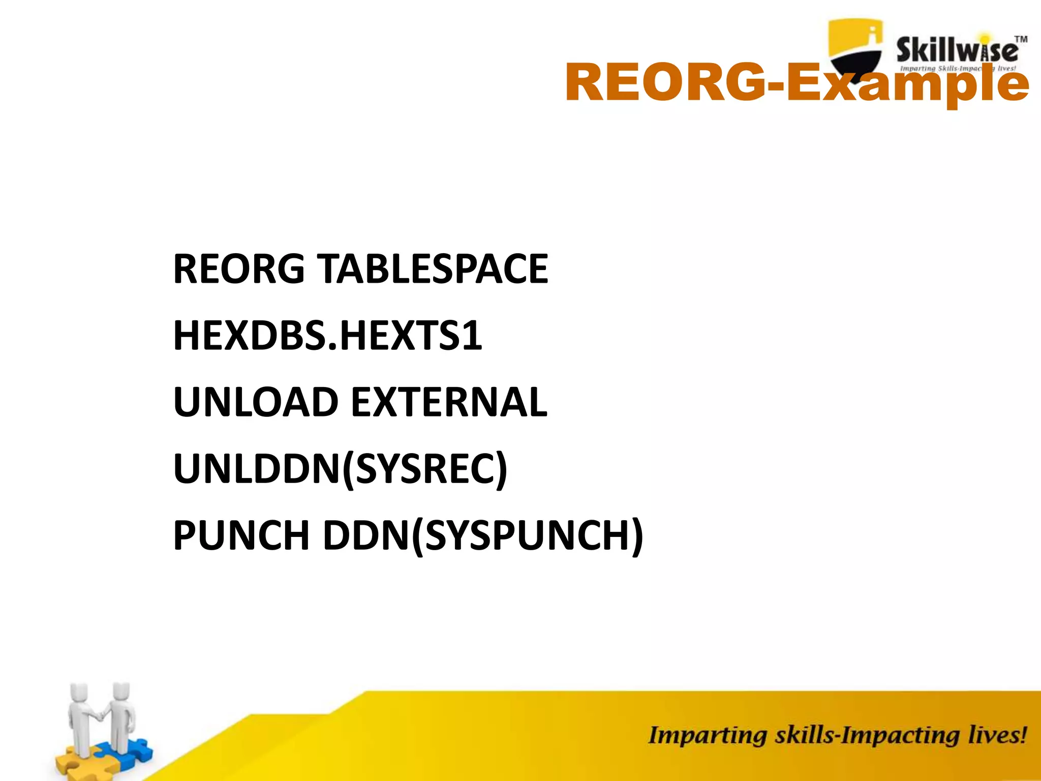REORG-Example
REORG TABLESPACE
HEXDBS.HEXTS1
UNLOAD EXTERNAL
UNLDDN(SYSREC)
PUNCH DDN(SYSPUNCH)
 
