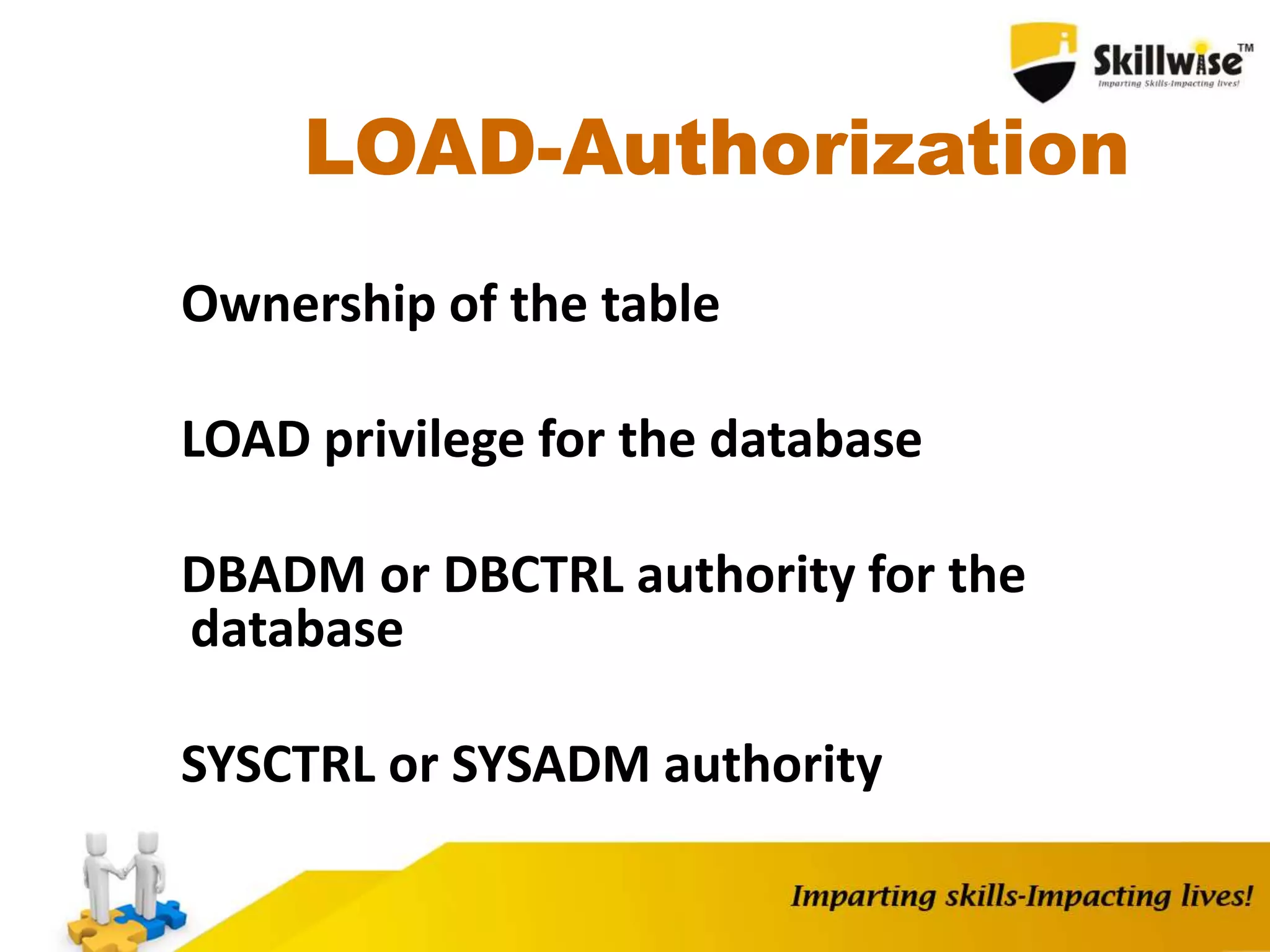 LOAD-Authorization
Ownership of the table
LOAD privilege for the database
DBADM or DBCTRL authority for the
database
SYSCTRL or SYSADM authority
 