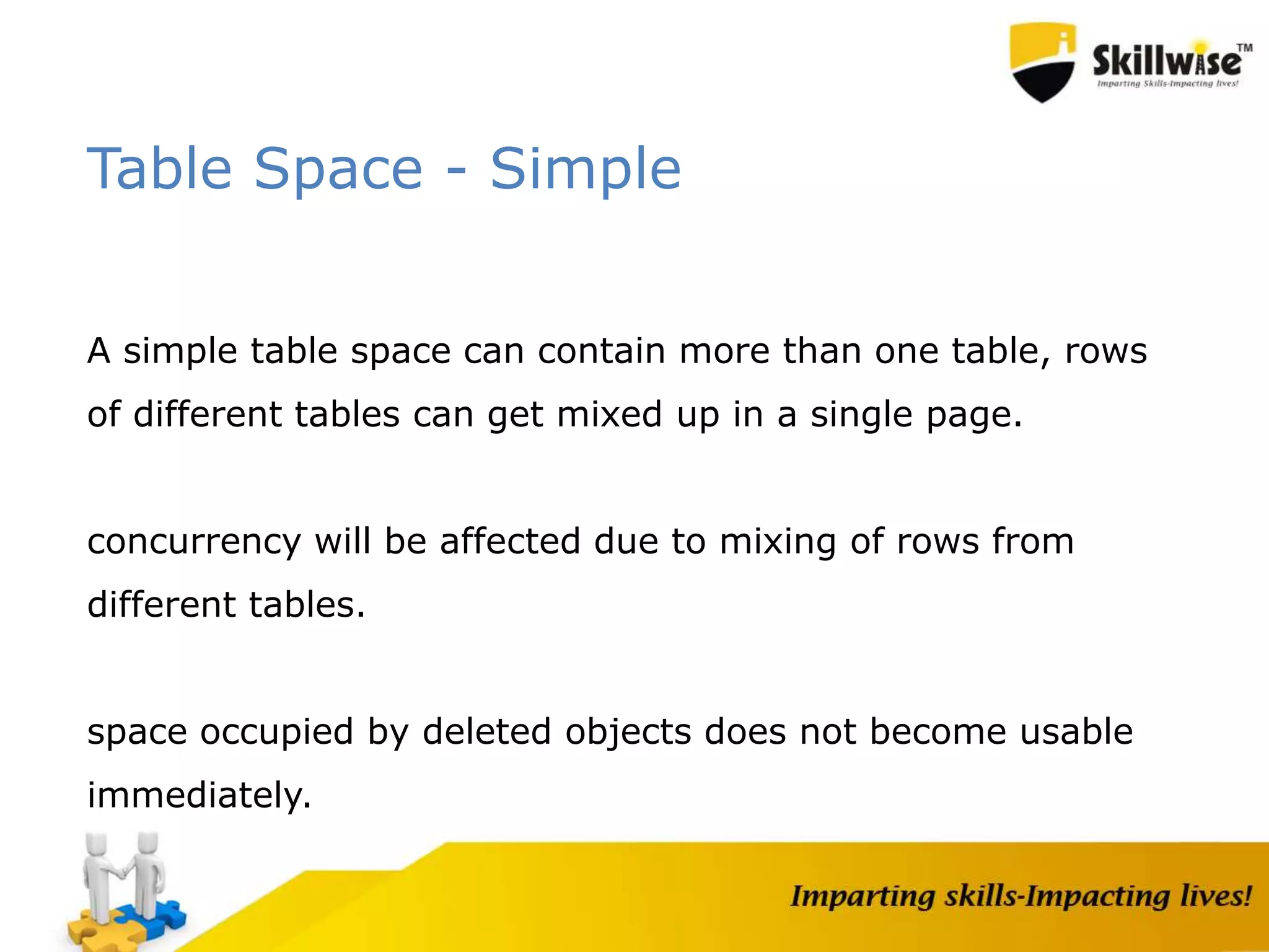 Table Space - Simple
A simple table space can contain more than one table, rows
of different tables can get mixed up in a single page.
concurrency will be affected due to mixing of rows from
different tables.
space occupied by deleted objects does not become usable
immediately.
 