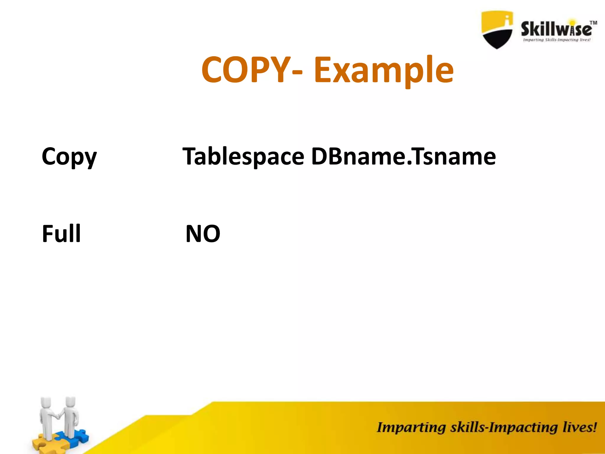 COPY- Example
Copy Tablespace DBname.Tsname
Full NO
 