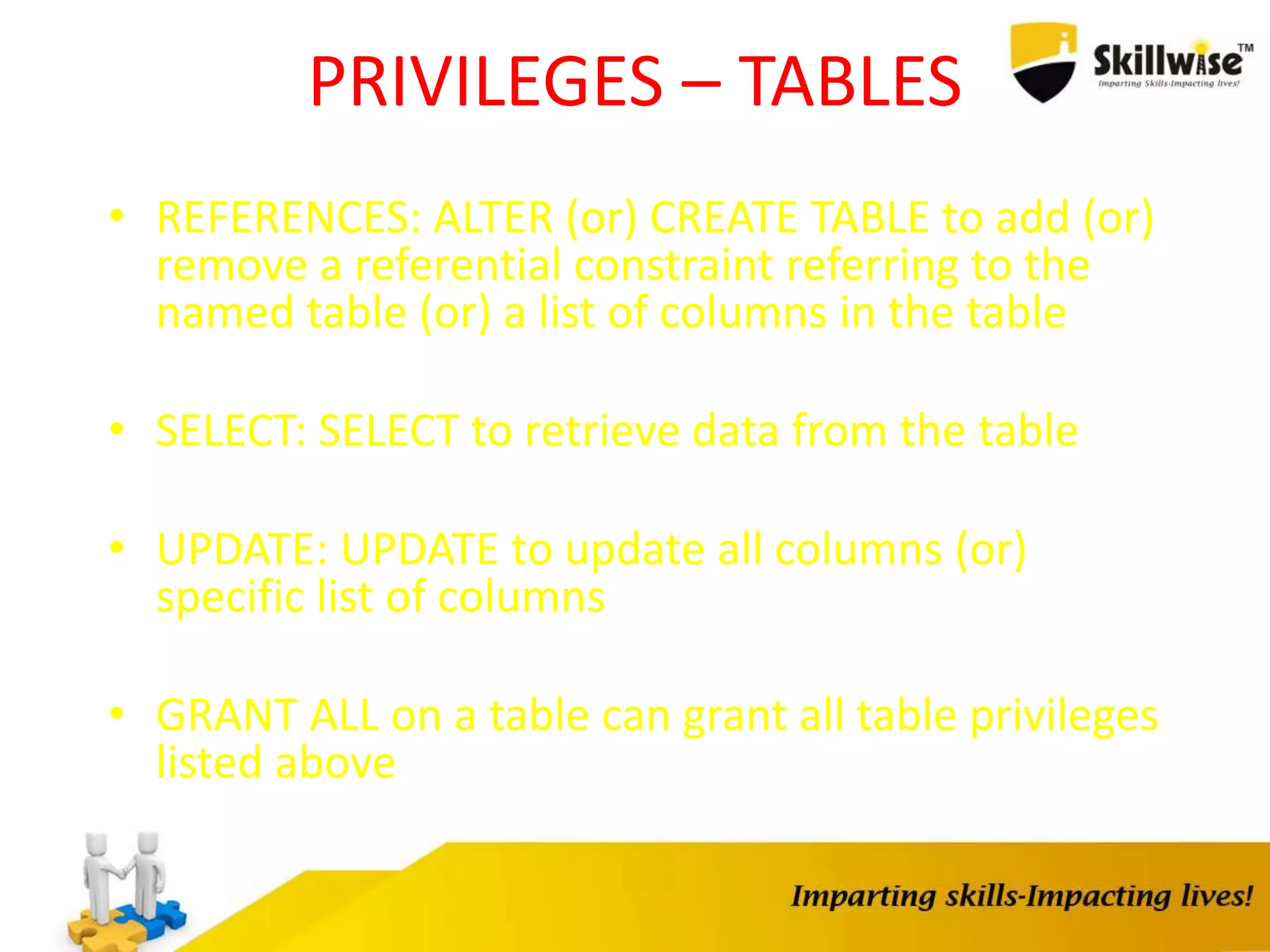 PRIVILEGES – TABLES
• REFERENCES: ALTER (or) CREATE TABLE to add (or)
remove a referential constraint referring to the
named table (or) a list of columns in the table
• SELECT: SELECT to retrieve data from the table
• UPDATE: UPDATE to update all columns (or)
specific list of columns
• GRANT ALL on a table can grant all table privileges
listed above
 