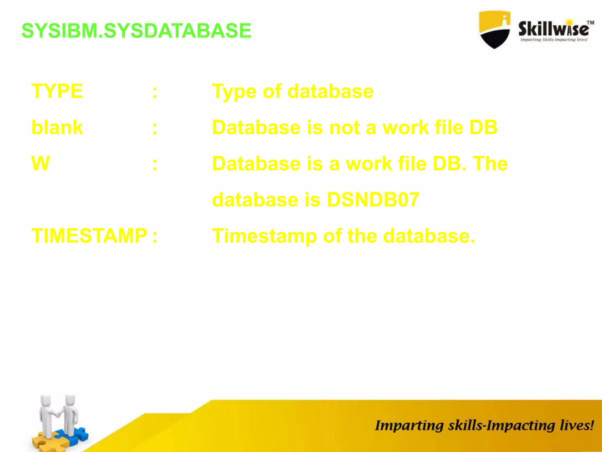 SYSIBM.SYSDATABASE
TYPE : Type of database
blank : Database is not a work file DB
W : Database is a work file DB. The
database is DSNDB07
TIMESTAMP : Timestamp of the database.
 
