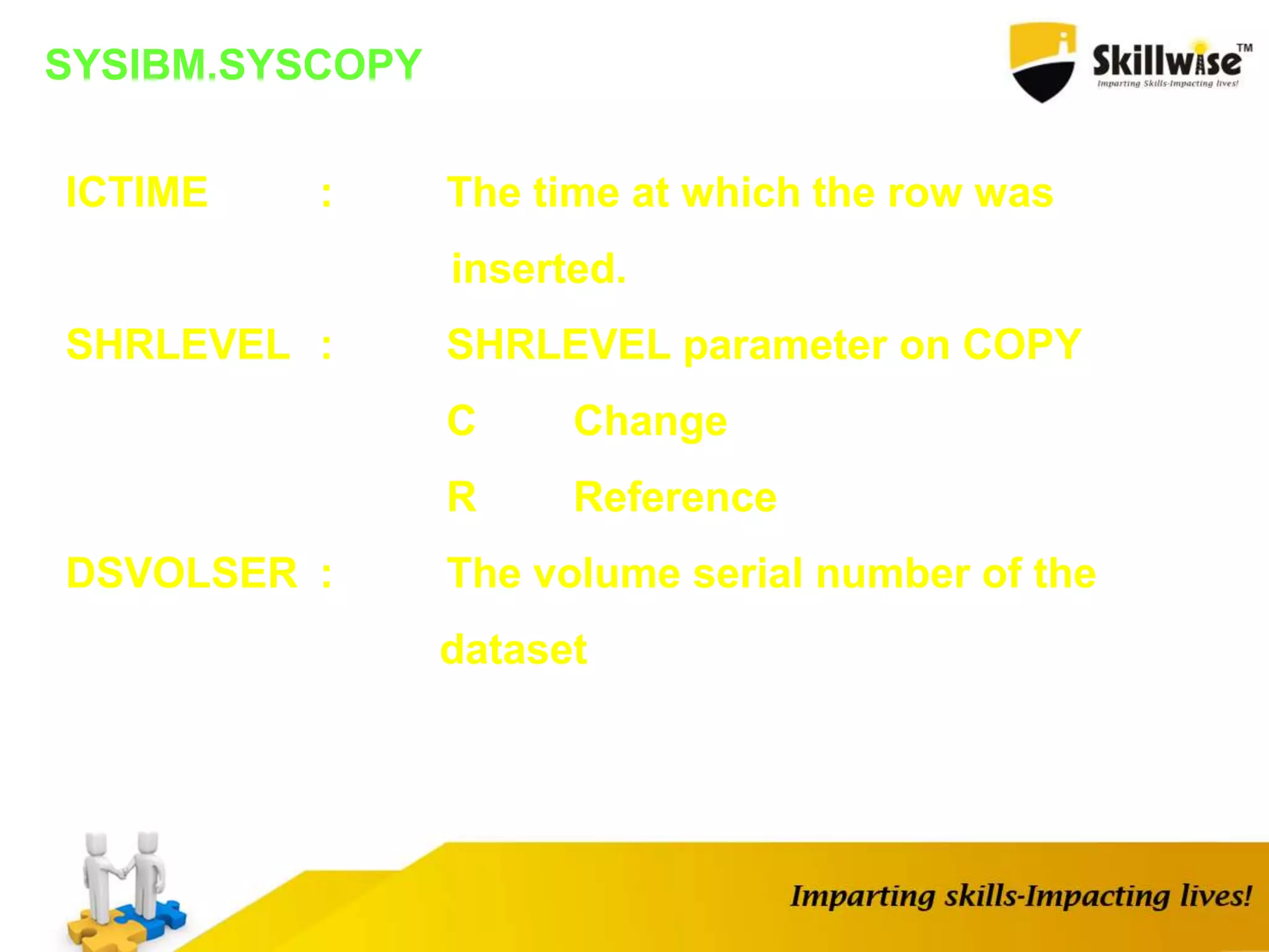 SYSIBM.SYSCOPY
ICTIME : The time at which the row was
inserted.
SHRLEVEL : SHRLEVEL parameter on COPY
C Change
R Reference
DSVOLSER : The volume serial number of the
dataset
 