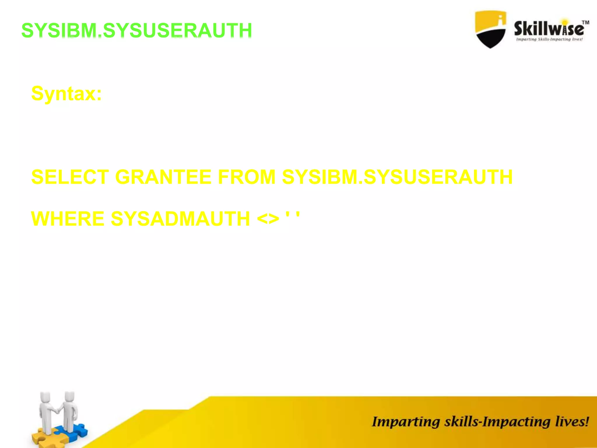 SYSIBM.SYSUSERAUTH
Syntax:
SELECT GRANTEE FROM SYSIBM.SYSUSERAUTH
WHERE SYSADMAUTH <> ' '
 