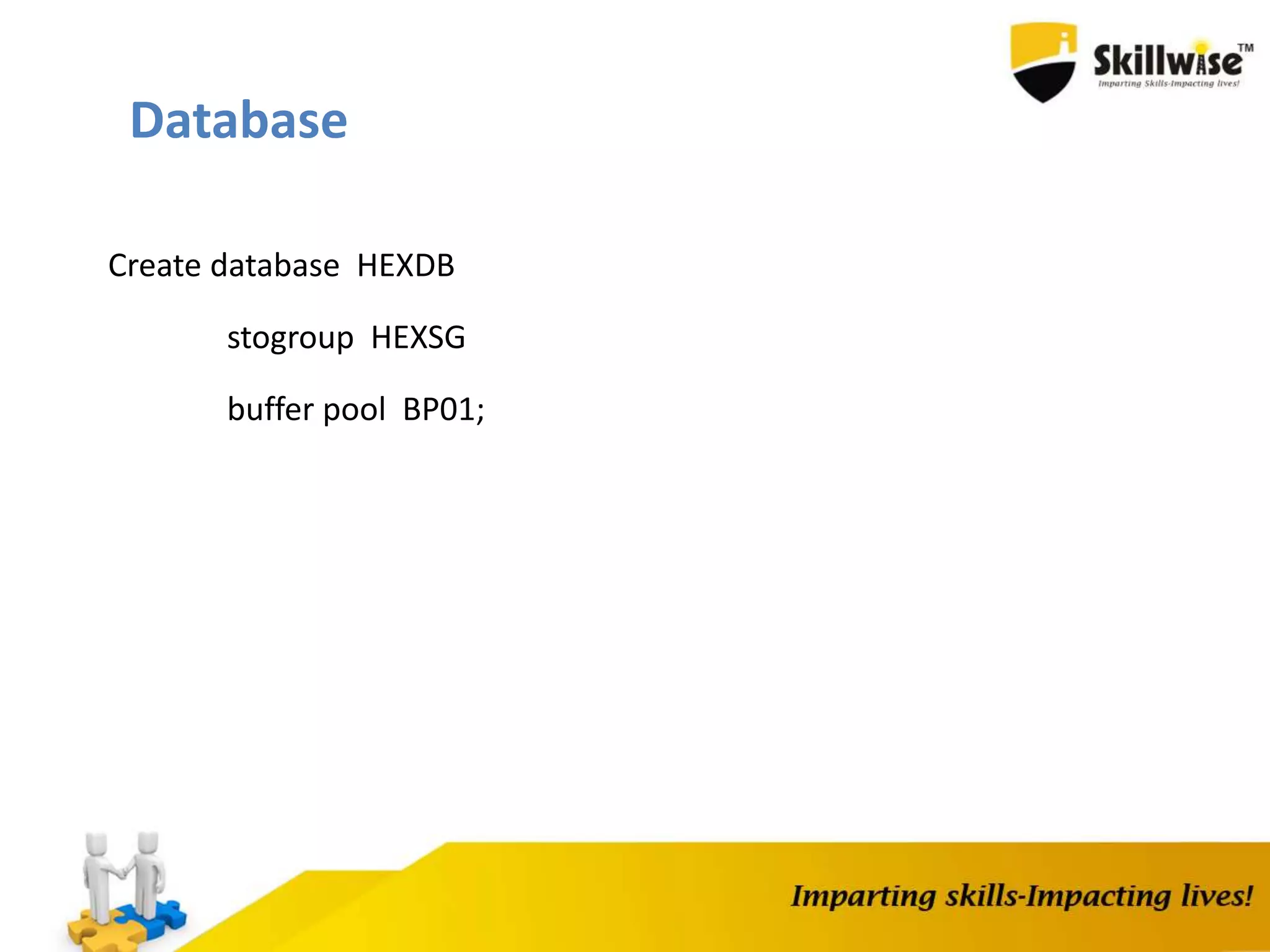 Create database HEXDB
stogroup HEXSG
buffer pool BP01;
Database
 