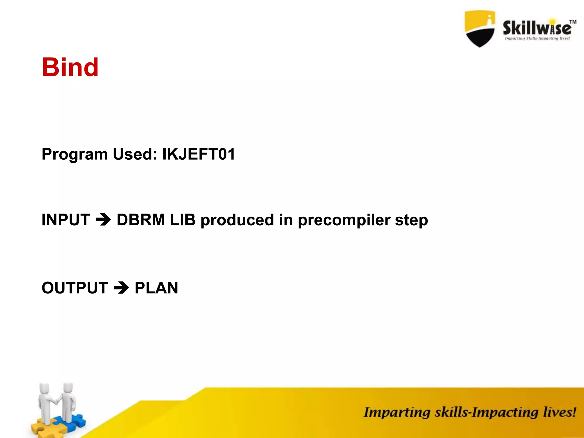Bind
Program Used: IKJEFT01
INPUT  DBRM LIB produced in precompiler step
OUTPUT  PLAN
 