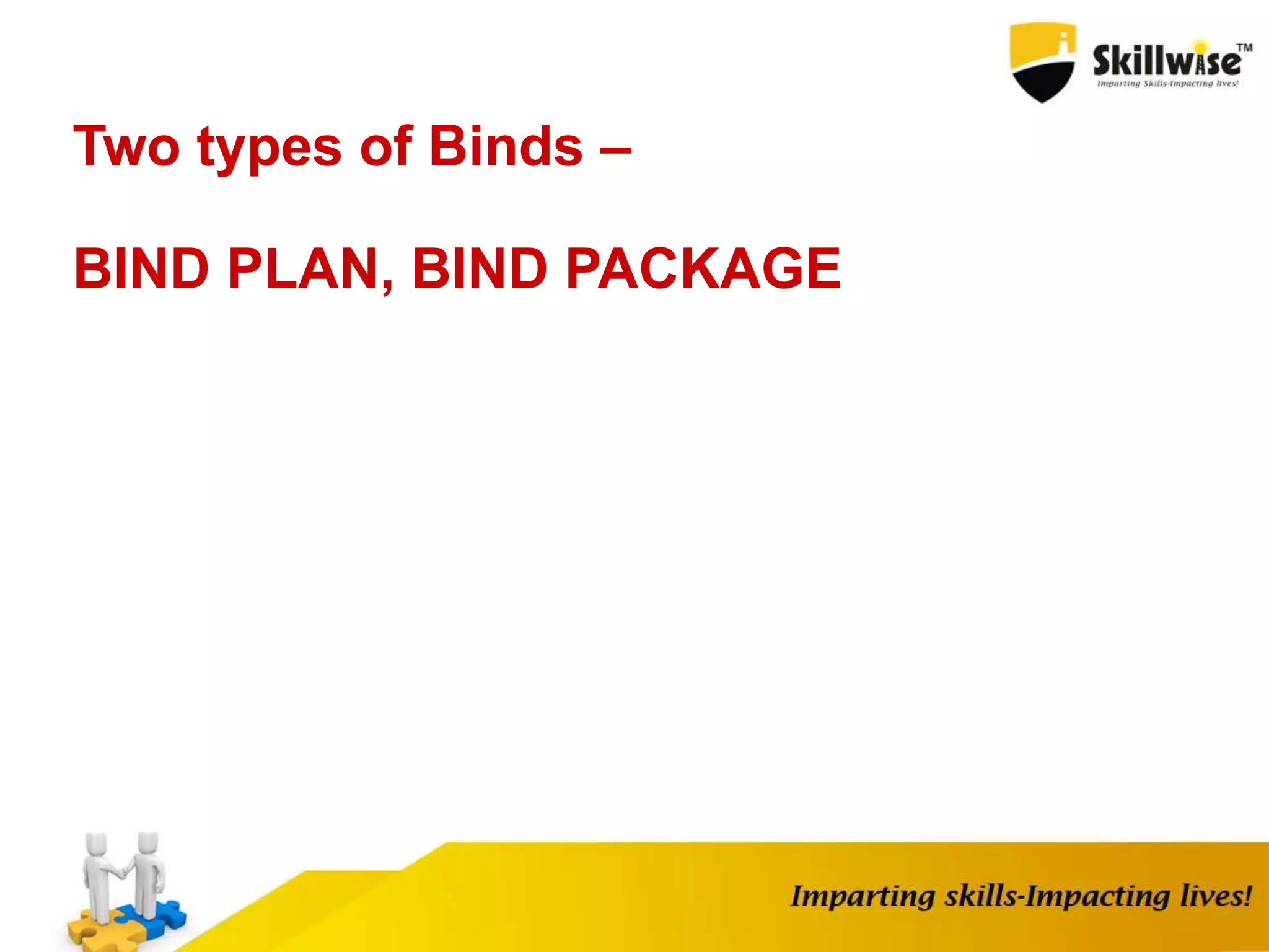 Two types of Binds –
BIND PLAN, BIND PACKAGE
 