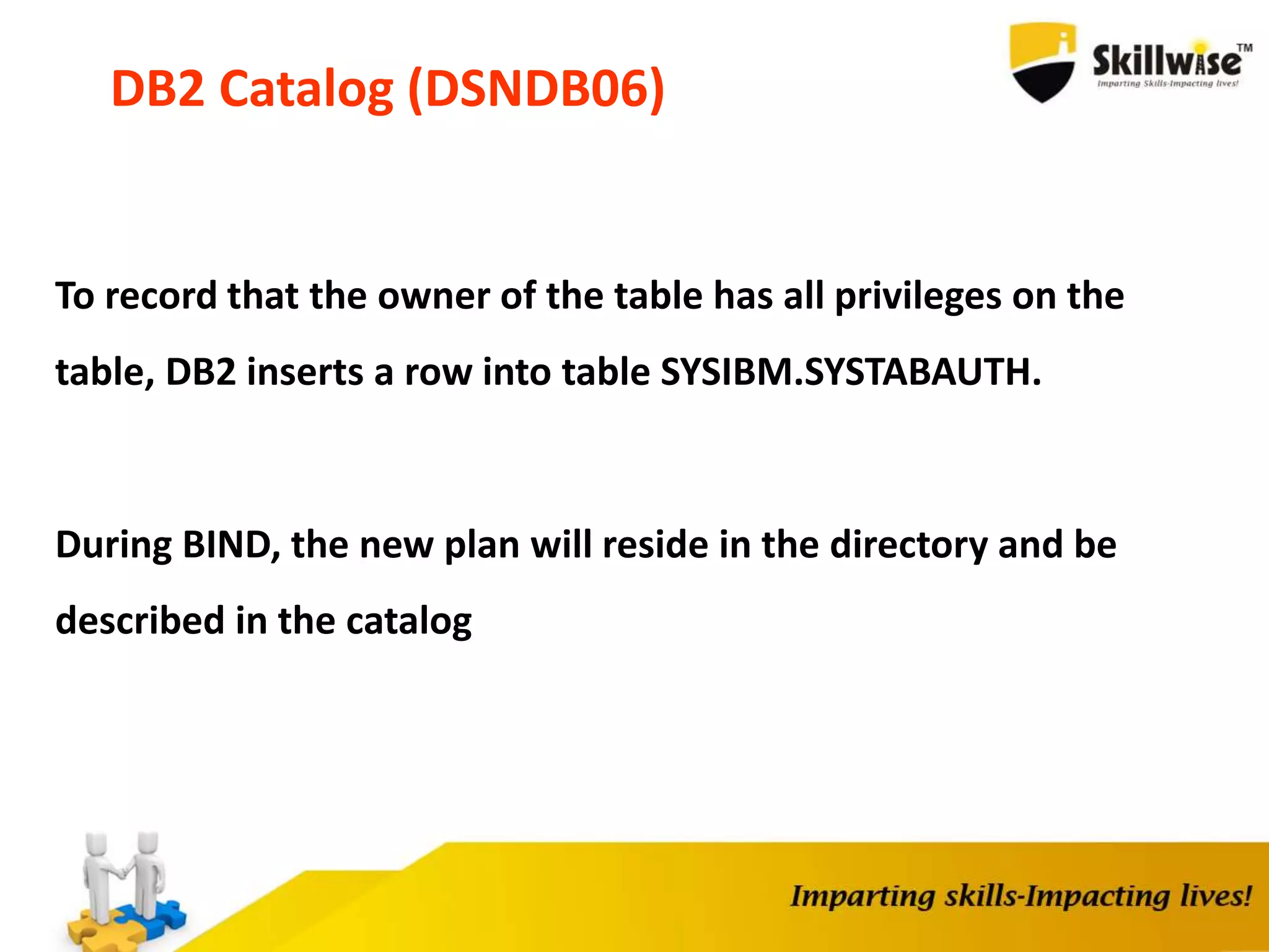 DB2 Catalog (DSNDB06)
To record that the owner of the table has all privileges on the
table, DB2 inserts a row into table SYSIBM.SYSTABAUTH.
During BIND, the new plan will reside in the directory and be
described in the catalog
 