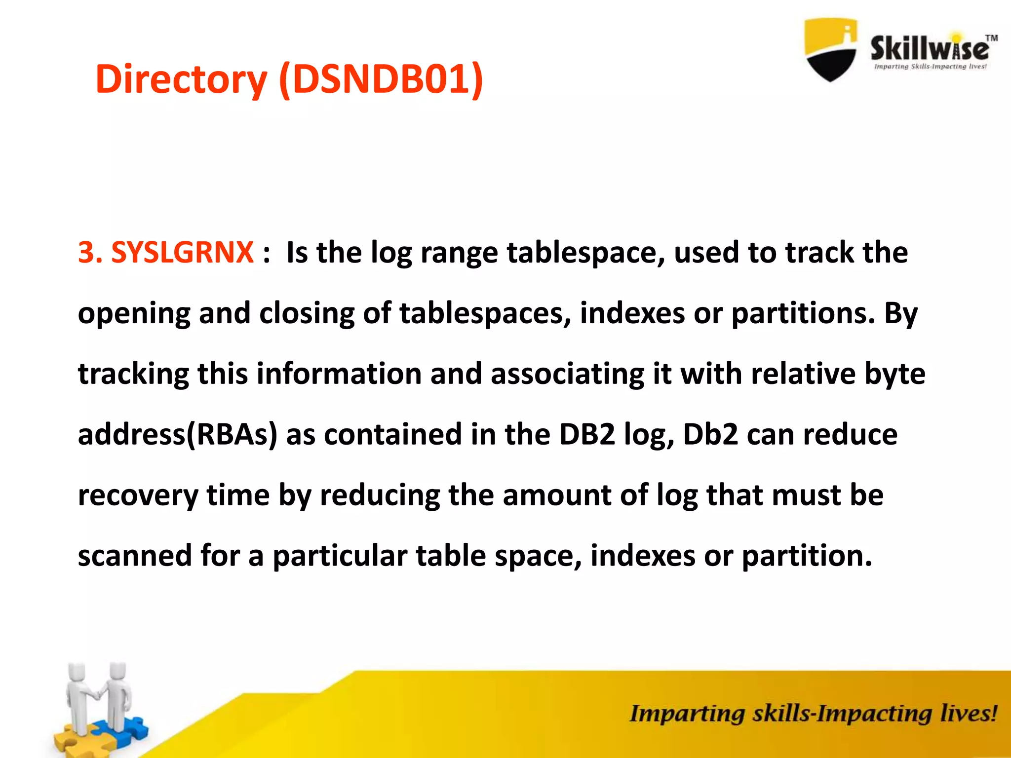 Directory (DSNDB01)
3. SYSLGRNX : Is the log range tablespace, used to track the
opening and closing of tablespaces, indexes or partitions. By
tracking this information and associating it with relative byte
address(RBAs) as contained in the DB2 log, Db2 can reduce
recovery time by reducing the amount of log that must be
scanned for a particular table space, indexes or partition.
 