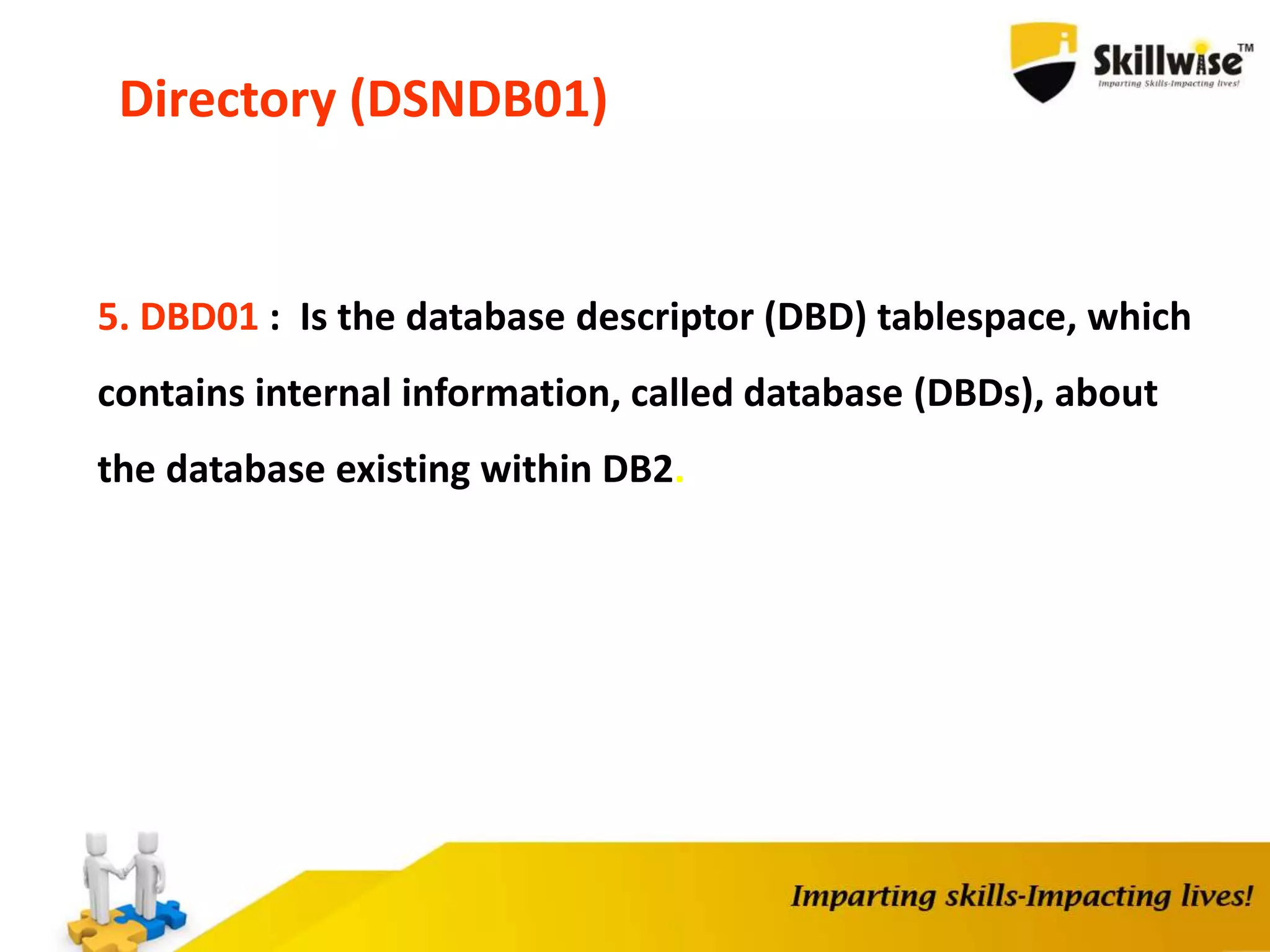 Directory (DSNDB01)
5. DBD01 : Is the database descriptor (DBD) tablespace, which
contains internal information, called database (DBDs), about
the database existing within DB2.
 