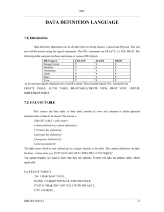 DB2



                    DATA DEFINITION LANGUAGE


7.1) Introduction

         Data definition statements can be divided into two broad classes: Logical and Physical. The end
user will be normal using the logical statements. The DDL statements are CREATE, ALTER, DROP. The
following table summarizes these operations on various DB2 objects
                   DB2 Objects                  CREATE               ALTER            DROP
                   Storage Group                Y                    Y                Y
                   Database                     Y                    N                Y
                   Tablespace                   Y                    Y                Y
                   Table                        Y                    Y                Y
                   Index                        Y                    Y                Y
                   View                         Y                    N                Y
In this section logical statements are covered in detail. The principal logical DDL statements are
CREATE TABLE, ALTER TABLE, DROPTABLE,CREATE VIEW, DROP VIEW, CREATE
INDEX,DROP INDEX.


7.2) CREATE TABLE

         This creates the base table. A base table consists of rows and columns to define physical
characteristics of data to be stored. The format is
         CREATE TABLE <table name>
         (column definition [, column definition]...
         [, Primary key definition]
         [,alternate key definition]
         [,foreign-key definition ])
         [,other parameters];
The table name which is user defined gives a unique identity to the table. The column definition can take
the form column data-type [NOT NULL/NOT NULL WITH DEFAULT/UNIQUE]
The square brackets are used to show that they are optional. System will take the default values where
applicable.


E.g. CREATE TABLE S
         ( S# CHAR(5) NOT NULL,
         SNAME CHAR(20) NOTNULL WITH DEFAULT,
         STATUS SMALLINT NOT NULL WITH DEFAULT,
         CITY CHAR(15) ,



DB2 HO VER 0.3                                                                                        25
 