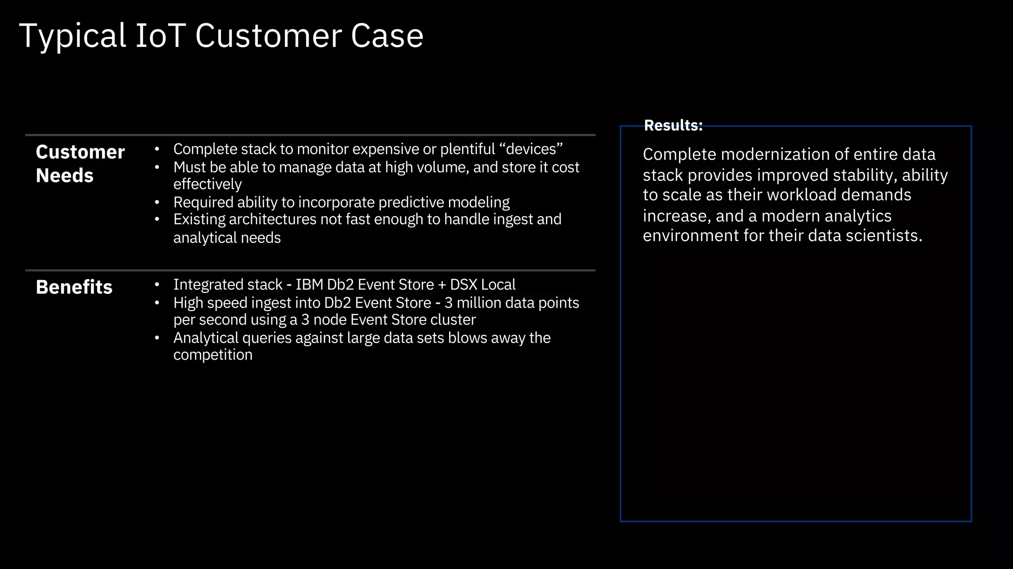 Typical IoT Customer Case
Customer
Needs
• Complete stack to monitor expensive or plentiful “devices”
• Must be able to manage data at high volume, and store it cost
effectively
• Required ability to incorporate predictive modeling
• Existing architectures not fast enough to handle ingest and
analytical needs
Benefits • Integrated stack - IBM Db2 Event Store + DSX Local
• High speed ingest into Db2 Event Store - 3 million data points
per second using a 3 node Event Store cluster
• Analytical queries against large data sets blows away the
competition
Complete modernization of entire data
stack provides improved stability, ability
to scale as their workload demands
increase, and a modern analytics
environment for their data scientists.
Results:
 