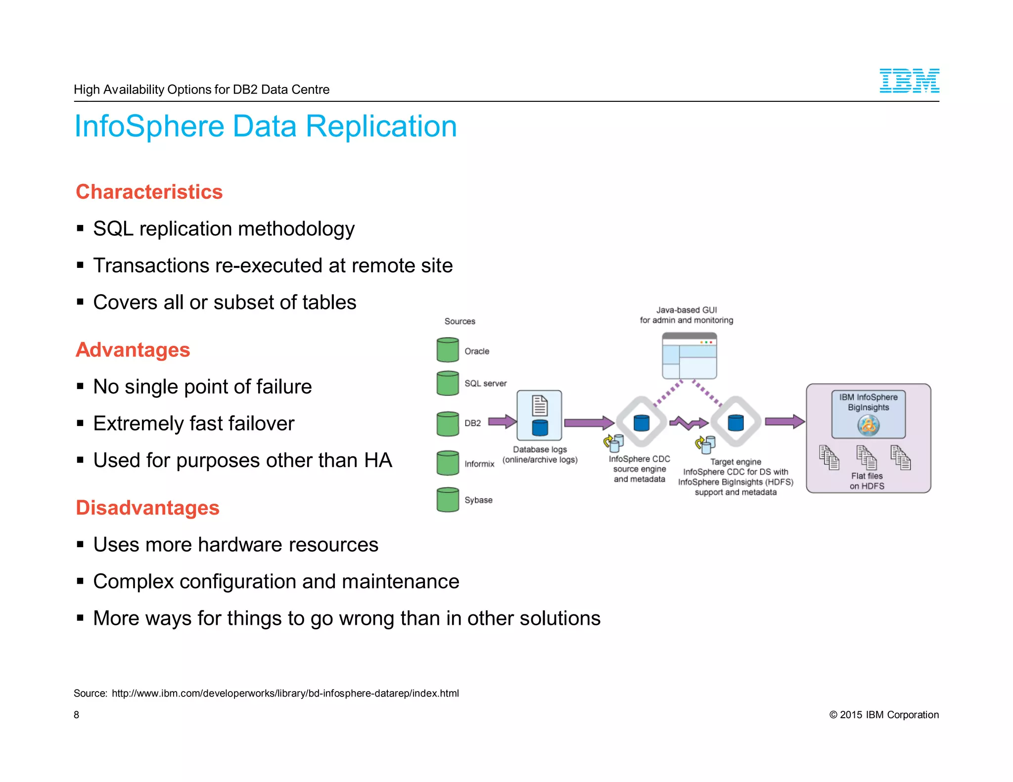 © 2015 IBM Corporation8
InfoSphere Data Replication
Characteristics
SQL replication methodology
Transactions re-executed at remote site
Covers all or subset of tables
Advantages
No single point of failure
Extremely fast failover
Used for purposes other than HA
Disadvantages
Uses more hardware resources
Complex configuration and maintenance
More ways for things to go wrong than in other solutions
High Availability Options for DB2 Data Centre
Source: http://www.ibm.com/developerworks/library/bd-infosphere-datarep/index.html
 