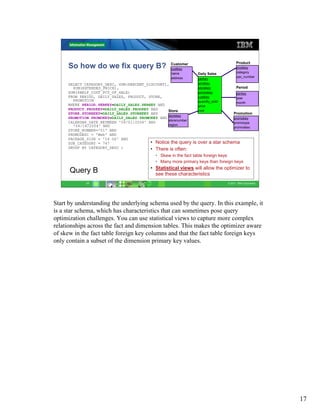 Customer                             Product
     So how do we fix query B?                    custkey                              prodkey
                                                  name           Daily Sales           category
                                                  address                              upc_number
                                                                 perkey
     SELECT CATEGORY_DESC, SUM(PERCENT_DISCOUNT),                prodkey
       SUM(EXTENDED_PRICE),                                      storekey              Period
     SUM(SHELF_COST_PCT_OF_SALE)                                 promokey              perkey
     FROM PERIOD, DAILY_SALES, PRODUCT, STORE,                   custkey               year
       PROMOTION                                                 quantity_sold         month
     WHERE PERIOD.PERKEY=DAILY_SALES.PERKEY AND                  price
     PRODUCT.PRODKEY=DAILY_SALES.PRODKEY AND     Store           cost
     STORE.STOREKEY=DAILY_SALES.STOREKEY AND                                         Promotion
                                                 storekey
     PROMOTION.PROMOKEY=DAILY_SALES.PROMOKEY AND                                     promokey
                                                 storenumber
     CALENDAR_DATE BETWEEN '04/01/2004' AND                                          promotype
       '04/14/2004' AND                          region
                                                                                     promodesc
     STORE_NUMBER='01' AND
     PROMODESC = 'Web' AND
     PACKAGE_SIZE = '16 OZ' AND
     SUB_CATEGORY = 747                  • Notice the query    is over a star schema
     GROUP BY CATEGORY_DESC ;            • There is often:
                                           • Skew in the fact table foreign keys
                                           • Many more primary keys than foreign keys
                                         • Statistical views will allow the optimizer to
      Query B                              see these characteristics
            17                                                                   © 2011 IBM Corporation




Start by understanding the underlying schema used by the query. In this example, it
is a star schema, which has characteristics that can sometimes pose query
optimization challenges. You can use statistical views to capture more complex
relationships across the fact and dimension tables. This makes the optimizer aware
of skew in the fact table foreign key columns and that the fact table foreign keys
only contain a subset of the dimension primary key values.




                                                                                                          17
 