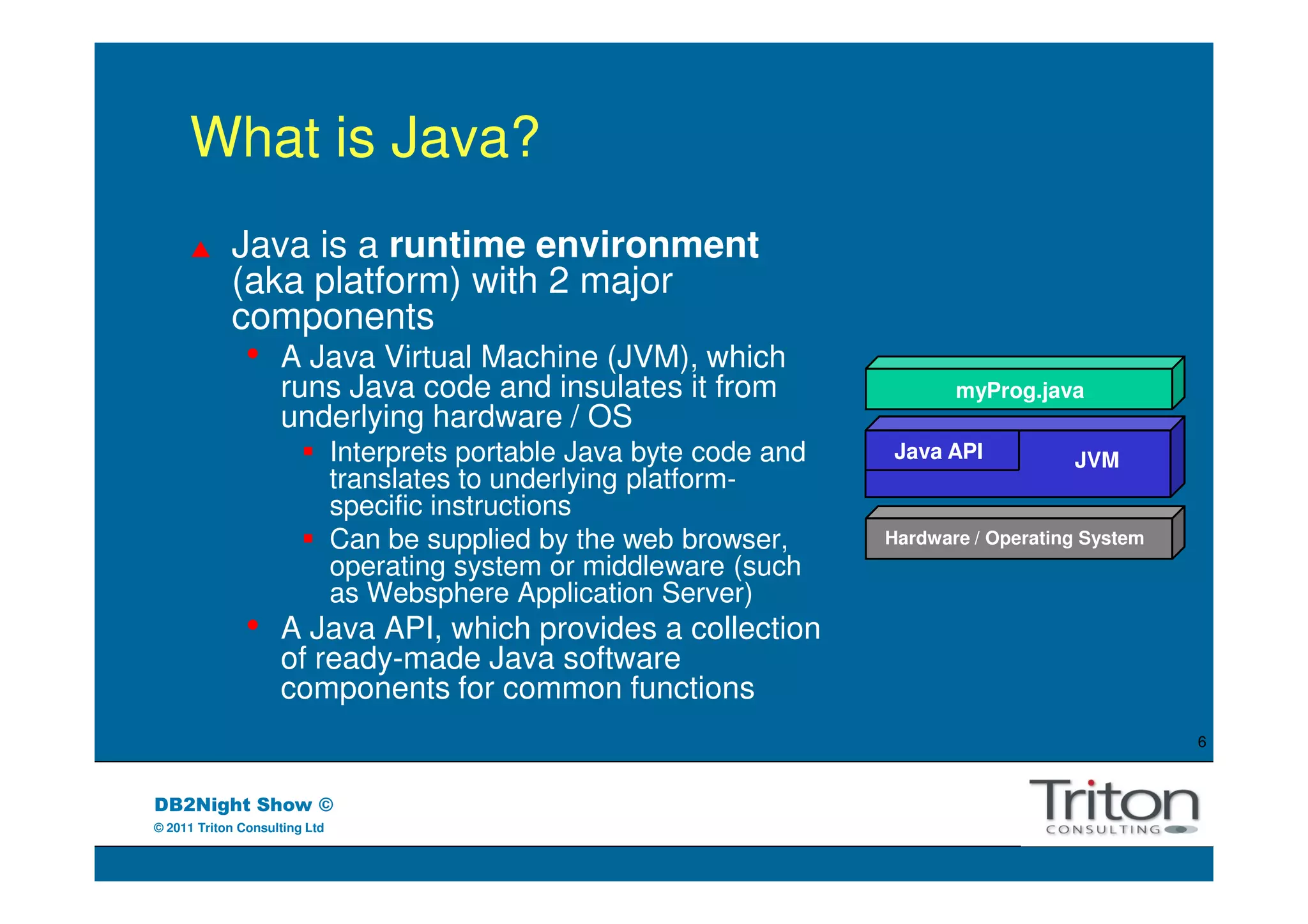 What is Java?
            Java is a runtime environment
            (aka platform) with 2 major
            components
               •    A Java Virtual Machine (JVM), which
                    runs Java code and insulates it from                       myProg.java
                    underlying hardware / OS
                               Interprets portable Java byte code and   Java API           JVM
                               translates to underlying platform-
                               specific instructions
                               Can be supplied by the web browser,      Hardware / Operating System
                               operating system or middleware (such
                               as Websphere Application Server)
               •    A Java API, which provides a collection
                    of ready-made Java software
                    components for common functions
                                                                                                      6



DB2Night Show ©
© 2011 Triton Consulting Ltd
 