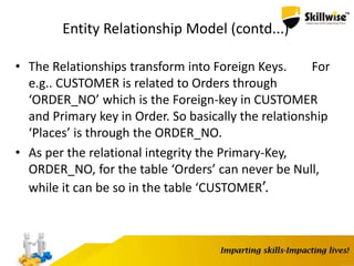 Entity Relationship Model (contd...)
• The Relationships transform into Foreign Keys. For
e.g.. CUSTOMER is related to Orders through
‘ORDER_NO’ which is the Foreign-key in CUSTOMER
and Primary key in Order. So basically the relationship
‘Places’ is through the ORDER_NO.
• As per the relational integrity the Primary-Key,
ORDER_NO, for the table ‘Orders’ can never be Null,
while it can be so in the table ‘CUSTOMER’.
 
