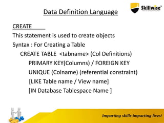 Data Definition Language
CREATE
This statement is used to create objects
Syntax : For Creating a Table
CREATE TABLE <tabname> (Col Definitions)
PRIMARY KEY(Columns) / FOREIGN KEY
UNIQUE (Colname) (referential constraint)
[LIKE Table name / View name]
[IN Database Tablespace Name ]
 