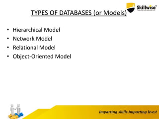 TYPES OF DATABASES (or Models)
• Hierarchical Model
• Network Model
• Relational Model
• Object-Oriented Model
 