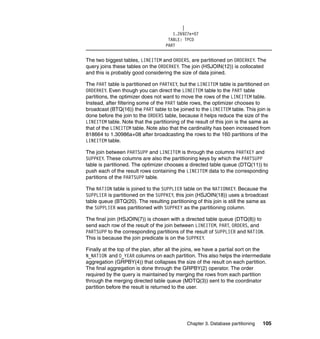 |
                                       1.26927e+07
                                     TABLE: TPCD
                                    PART


The two biggest tables, LINEITEM and ORDERS, are partitioned on ORDERKEY. The
query joins these tables on the ORDERKEY. The join (HSJOIN(12)) is collocated
and this is probably good considering the size of data joined.

The PART table is partitioned on PARTKEY, but the LINEITEM table is partitioned on
ORDERKEY. Even though you can direct the LINEITEM table to the PART table
partitions, the optimizer does not want to move the rows of the LINEITEM table.
Instead, after filtering some of the PART table rows, the optimizer chooses to
broadcast (BTQ(16)) the PART table to be joined to the LINEITEM table. This join is
done before the join to the ORDERS table, because it helps reduce the size of the
LINEITEM table. Note that the partitioning of the result of this join is the same as
that of the LINEITEM table. Note also that the cardinality has been increased from
818664 to 1.30986a+08 after broadcasting the rows to the 160 partitions of the
LINEITEM table.

The join between PARTSUPP and LINEITEM is through the columns PARTKEY and
SUPPKEY. These columns are also the partitioning keys by which the PARTSUPP
table is partitioned. The optimizer chooses a directed table queue (DTQ(11)) to
push each of the result rows containing the LINEITEM data to the corresponding
partitions of the PARTSUPP table.

The NATION table is joined to the SUPPLIER table on the NATIONKEY. Because the
SUPPLIER is partitioned on the SUPPKEY, this join (HSJOIN(18)) uses a broadcast
table queue (BTQ(20). The resulting partitioning of this join is still the same as
the SUPPLIER was partitioned with SUPPKEY as the partitioning column.

The final join (HSJOIN(7)) is chosen with a directed table queue (DTQ(8)) to
send each row of the result of the join between LINEITEM, PART, ORDERS, and
PARTSUPP to the corresponding partitions of the result of SUPPLIER and NATION.
This is because the join predicate is on the SUPPKEY.

Finally at the top of the plan, after all the joins, we have a partial sort on the
N_NATION and O_YEAR columns on each partition. This also helps the intermediate
aggregation (GRPBY(4)) that collapses the size of the result on each partition.
The final aggregation is done through the GRPBY(2) operator. The order
required by the query is maintained by merging the rows from each partition
through the merging directed table queue (MDTQ(3)) sent to the coordinator
partition before the result is returned to the user.




                                              Chapter 3. Database partitioning   105
 