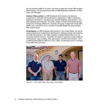 He has worked at IBM for 10 years. His areas of expertise include DB2 problem
                determination. He has previously written an IBM Redbooks publication on DB2
                Data Links Manager.

                Andrew D McLauchlan is a DB2 Database Administrator and Systems
                programmer in Australia. He has 29 years of experience in IBM in mainframe
                hardware maintenance, manufacturing, Oracle® database administration, and
                DB2 database administration. He holds a degree in Electrical Engineering from
                Swinburne University, Melbourne, Australia. His areas of expertise include DB2,
                AIX®, Linux, and Z/OS. He is a member of the IBM Global Services Australia
                DB2 support group.

                Doug Agnew is a DB2 Database Administrator in the United States. He has 34
                years of experience in applications development, database design and modeling,
                and DB2 administration. He holds a degree in Applied Mathematics from the
                University of North Carolina - Charlotte. His areas of expertise include database
                administration, data modeling, SQL optimization, and AIX administration. He is
                an IBM Certified DBA for DB2 9 on Linux, UNIX, and Windows and is a member
                of the DBA Service Center.




                Figure 0-1 Left to right: Alain, Doug, Aman, and Andrew




x   Database Partitioning, Table Partitioning, and MDC for DB2 9
 
