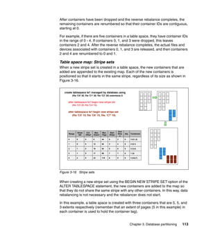 After containers have been dropped and the reverse rebalance completes, the
remaining containers are renumbered so that their container IDs are contiguous,
starting at 0.

For example, if there are five containers in a table space, they have container IDs
in the range of 0 - 4. If containers 0, 1, and 3 were dropped, this leaves
containers 2 and 4. After the reverse rebalance completes, the actual files and
devices associated with containers 0, 1, and 3 are released, and then containers
2 and 4 are renumbered to 0 and 1.

Table space map: Stripe sets
When a new stripe set is created in a table space, the new containers that are
added are appended to the existing map. Each of the new containers is
positioned so that it starts in the same stripe, regardless of its size as shown in
Figure 3-16.


   create tablespace ts1 managed by database using
          (file 'C0' 30, file 'C1' 30, file 'C2' 20) extentsize 5

     alter tablespace ts1 begin new stripe set
          (file 'C3' 20, file 'C4' 15)

     alter tablespace ts1 begin new stripe set
         (file 'C5' 15, file 'C6' 15, file, 'C7' 15)




                                                           End
               Stripe     S.S.     Max.    Max.   Start
      Range                                                Strip    Adj.   Containers
                Set      Offset   Extent   Page   Stripe
                                                             e
      0        0        0         8        44     0        2        0      3 (0,1,2)

      1        0        0         12       64     3        4        0      2 (0,1)

      2        1        5         16       84     5        6        0      2 (3,4)

      3        1        5         17       89     7        7        0      1 (3)

      4        2        8         23       119    8        9        0      3 (5,6,7)




Figure 3-16 Stripe sets

When creating a new stripe set using the BEGIN NEW STRIPE SET option of the
ALTER TABLESPACE statement, the new containers are added to the map so
that they do not share the same stripe with any other containers. In this way, data
rebalancing is not necessary and the rebalancer does not start.

In this example, a table space is created with three containers that are 5, 5, and
3 extents respectively (remember that an extent of pages (5 in this example) in
each container is used to hold the container tag).


                                                                           Chapter 3. Database partitioning   113
 
